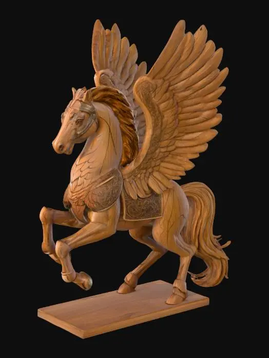 3D model for A masterfully carved wooden armored pegasus figurine, hand-carved medieval fantasy armor with wood grain texture, ornate woodworking details, large feathered wings carved with flowing wood patterns, dynamic rearing pose on hind legs, flowing mane with natural wood carved lines, detailed wooden armor plates with smooth beveled edges, artisan craftsmanship style, rich wood texture throughout, no sharp splinters or thin protruding elements, sculptural wooden carving quality, smooth transitions between carved sections, fantasy warrior aesthetic, casting and molding friendly design