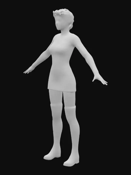 3D model for In T pose a startrek female officer with short asymmetric  bright bixie black hair, black boots and wearing a mini dress like the lt. Uhura used to wear but blue.