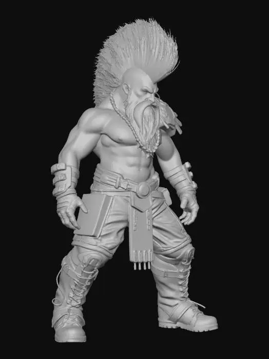 3D model for Create a dramatic 3D model of a battle-hardened Viking berserker, expressing fierce determination, with scarred skin, and intense eyes. His hair style is a spiked mohawk going all the way down the back of his head and then braided past his shoulders. On the shaved sides of his head display intricate cyber electronics with a Norse knotwork style down to his temples. A long beard is woven into braids, artfully braided with small, intricate circuit beads, showcasing thick texture.  The model has a rugged, sculpted appearance, set against a pristine white studio background, emphasizing raw power.