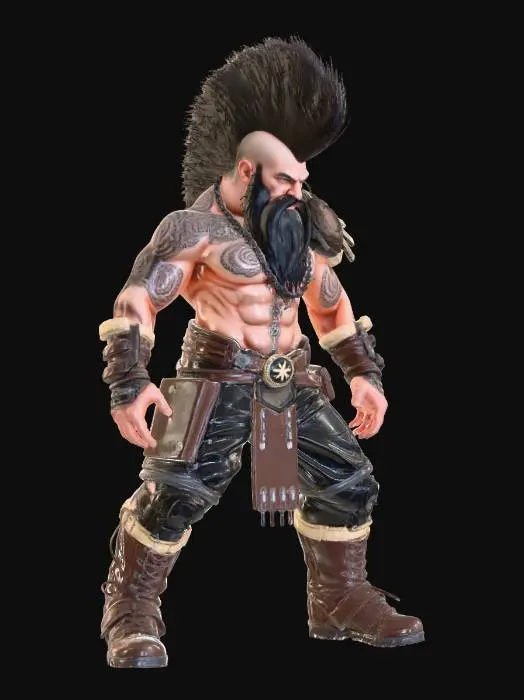 3D model for Create a dramatic 3D model of a battle-hardened Viking berserker, expressing fierce determination, with scarred skin, and intense eyes. His hair style is a spiked mohawk going all the way down the back of his head and then braided past his shoulders. On the shaved sides of his head display intricate cyber electronics with a Norse knotwork style down to his temples. A long beard is woven into braids, artfully braided with small, intricate circuit beads, showcasing thick texture.  The model has a rugged, sculpted appearance, set against a pristine white studio background, emphasizing raw power.