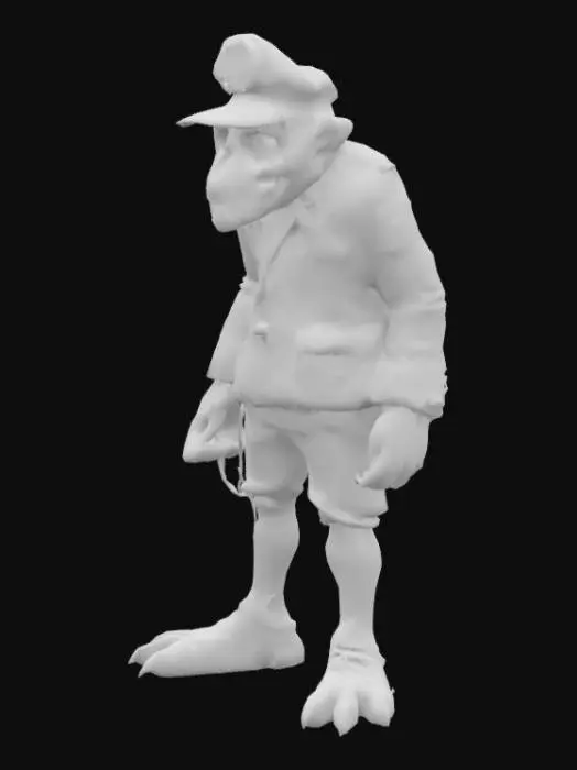 3D model for a tall creature , wearing an old fashioned train conductor's uniform, has a corrupted face with holes as eyes and rusty iron skin