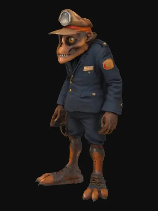 3D model for a tall creature , wearing an old fashioned train conductor's uniform, has a corrupted face with holes as eyes and rusty iron skin