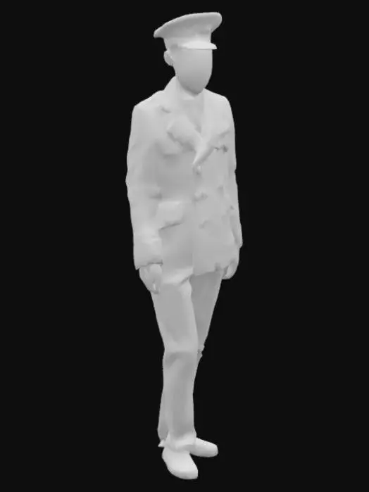 3D model for a tall humanoid figure , wearing an old fashioned train conductor's uniform, but with a face covered in black static