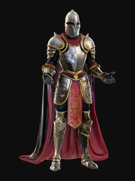 3D model for 一位中世纪圣骑士，手持巨剑和盾牌，金属秘银铠甲，obj模型，单个纹理覆盖整个模型