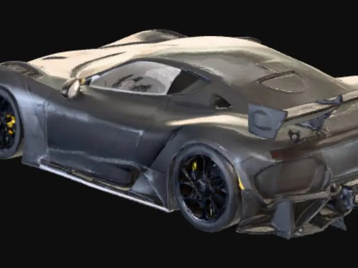 3D model for Matte black carbon widebody supercar | extremely wide fenders with exposed rivets | aggressive front bumper with large splitter | sharp LED headlights with yellow tint | very low stance | large rear diffuser | massive GT rear wing | black wheels with low-profile tires | long hood with air vents and intakes | two-door coupe | sporty side skirts | aerodynamic body lines | dark racing appearance | no visible logos or brand details | overall style: mix of GT3 race car and hypercar Exposed carbon fiber texture on all panels | wide aggressive stance | flared arches | deep front grille | race-inspired mirrors | flush side windows | sharp angular body cuts | functional aerodynamics | rear quarter intakes | track-focused design | stealth fighter look | muscular proportions | pure Motorsport 