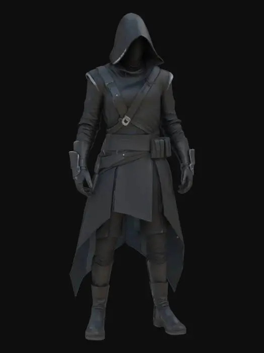 3D model for low poly character, full body, DnD assassin, sleek black clothes and black leather armor, stealthy, face completely hidden in shadow, hooded, cloaked, dark fantasy style, sharp silhouette, minimalist geometry, game-ready model, simple texture, ambient occlusion lighting, dramatic pose, 3d render
