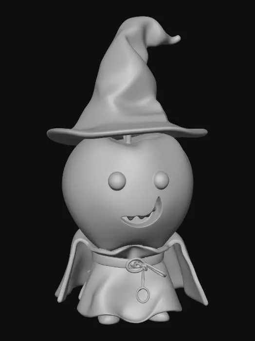 3D model for An adorable 3D apple character with a visible bite mark. Dressed in a flowing wizard robe and a pointed hat. Premium animation style, stylized textures, masterpiece quality.