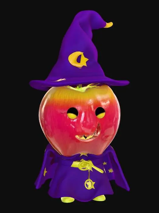 3D model for An adorable 3D apple character with a visible bite mark. Dressed in a flowing wizard robe and a pointed hat. Premium animation style, stylized textures, masterpiece quality.