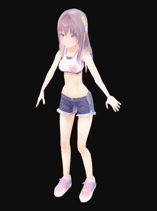 3D model for anime girl, shorts, midriff, t pose, navel