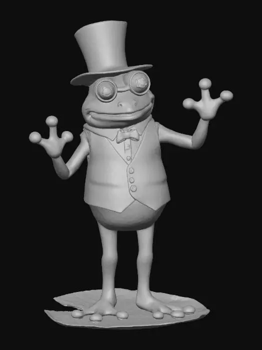 3D model for a proud green frog with a black waist coat top hat and round glasses with his hands in the air