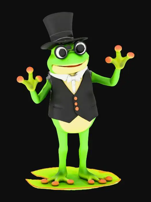 3D model for a proud green frog with a black waist coat top hat and round glasses with his hands in the air