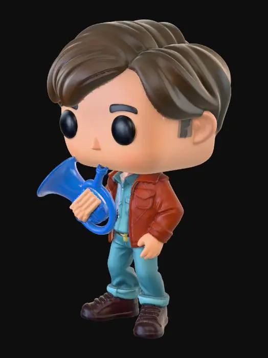 3D model for How I Met Your Mother dizisinden Ted Mosby'nin Funko Pop tarzı 3D modeli. Karakterin kahverengi, havalı saçları, ten rengi yüzü ve büyük siyah gözleri var. Kahverengi bir ceket, açık mavi gömlek ve kot pantolon giymiş. Sol elinde parlak mavi renkli, pürüzsüz yüzeyli ikonik Fransız kornosunu tutuyor. Model, düz ve mat bir vinil dokuya sahip, canlı ve belirgin renklerle işlenmiş.