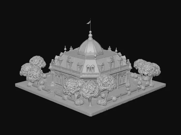 3D model for Create a clear 45 degree top-down isometric miniature 3D cartoon representation of the Queen Emma Summer Palace with soft refined textures using realistic PBR materials in a 16:9 aspect ratio at high resolution.