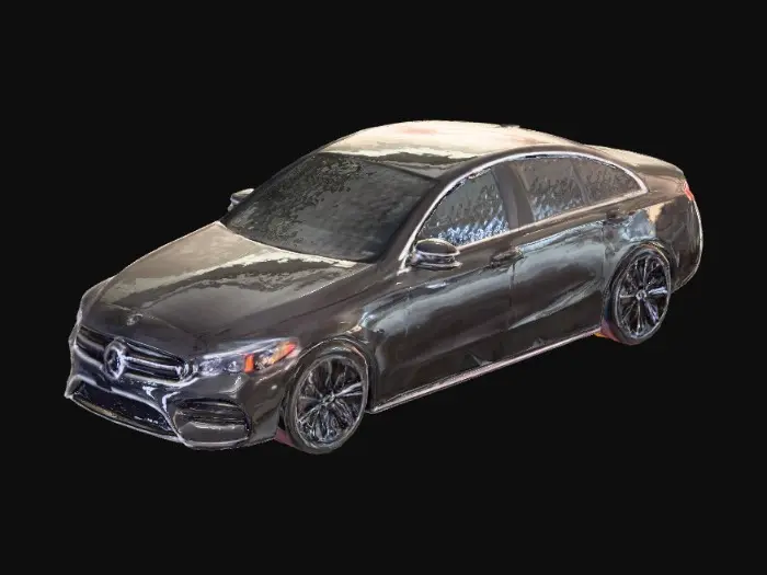 3D model for A sleek 2022 Mercedes-Benz C300 sedan, presenting a highly polished, deep black exterior with a smooth, reflective gloss finish. Its aerodynamic body features crisp, defined character lines, a prominent chrome-accented front grille, and intricately designed LED headlights. The tinted windows appear seamless with the dark paint, and the multi-spoke alloy wheels are rendered in a metallic dark grey, complementing the car's sophisticated and modern silhouette.