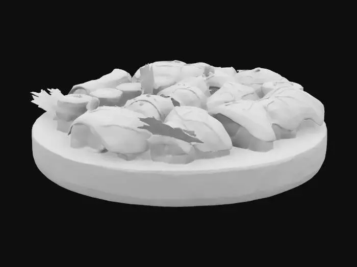 3D model for A wooden plate filled with sushi and things like wasabi and soja sauce
