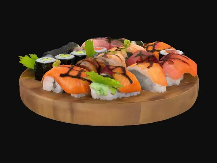 3D model for A wooden plate filled with sushi and things like wasabi and soja sauce
