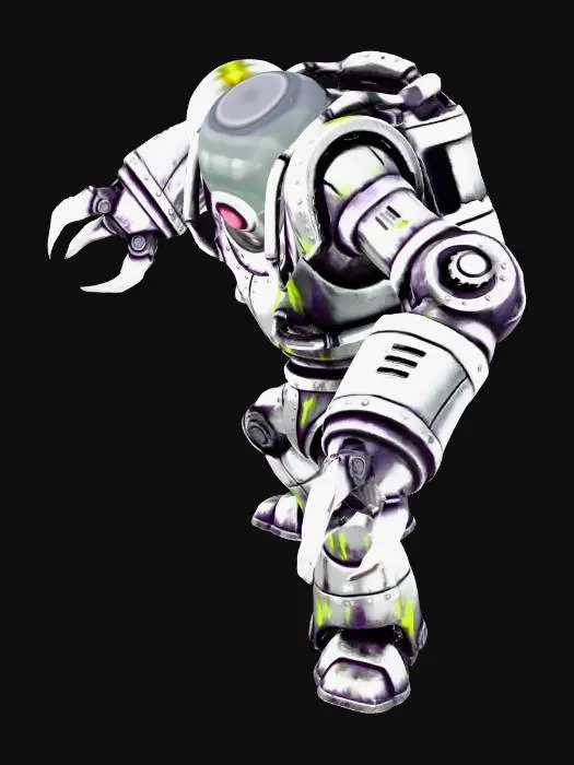 3D model for A menacing, retro-futuristic robot, its boxy, chrome-plated body from the 1950s now tarnished with streaks of corrupted dark purple and neon green. A classic bubble-dome head houses a single, pulsating red cycloptic eye. Its exaggerated, clunky limbs end in sharp, pincer-like hands. Visible rivets and panel lines are accentuated, giving it an intimidating, yet distinctly vintage, mechanical feel, poised for destruction with rigid, metallic precision.