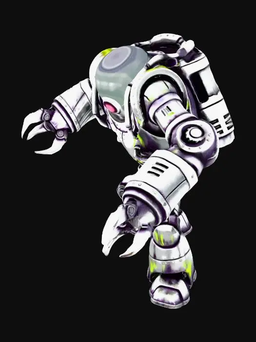 3D model for A menacing, retro-futuristic robot, its boxy, chrome-plated body from the 1950s now tarnished with streaks of corrupted dark purple and neon green. A classic bubble-dome head houses a single, pulsating red cycloptic eye. Its exaggerated, clunky limbs end in sharp, pincer-like hands. Visible rivets and panel lines are accentuated, giving it an intimidating, yet distinctly vintage, mechanical feel, poised for destruction with rigid, metallic precision.