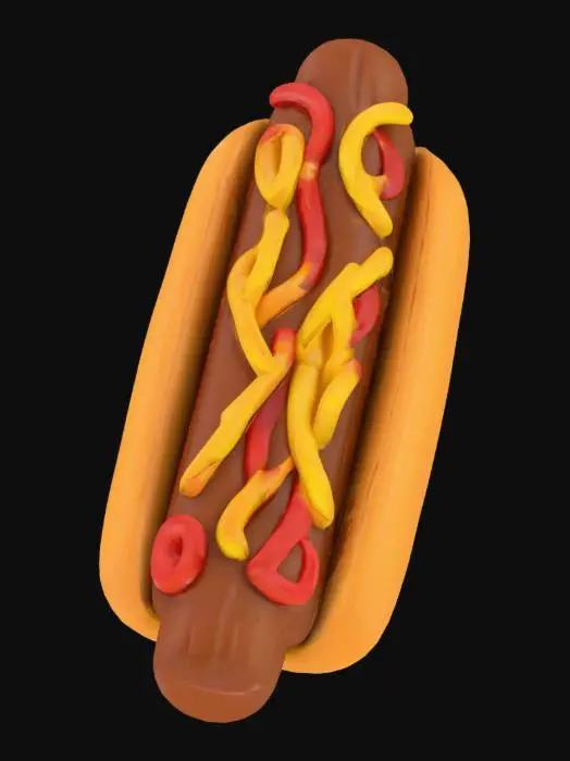 3D model for Ein Low-Poly-Hotdog mit einem simplen, comichaften Aussehen. Er besteht aus glattem, farbigem Plastik und hat eine vereinfachte Form mit klaren Kanten und flachen Flächen. Das leicht geöffnete Brötchen ist hellbraun, die Wurst dunkelrotbraun. Ketchup und Senf sind als glatte, glänzende, rote und gelbe Streifen aufgetragen, die das Objekt abrunden und ihm eine spielerische Note verleihen.
