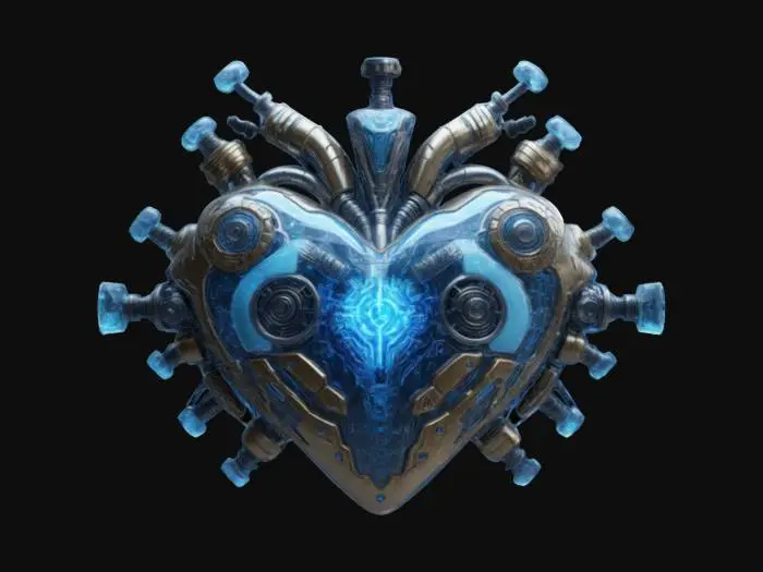 3D model for A hyper-detailed steampunk cybernetic heart emblem, Miyazaki design, Studio Ghibli art style, Howl's Moving Castle style, matte black steel, with rusted and scratched bolts, valves and circuits of glowing neon red lines and dots, 8K detail. Glowing. Sacred. Alive., #emblem#