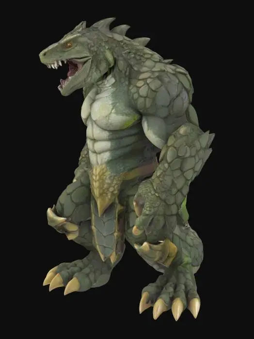 3D model for A Dragon-Lizard Sentinel, with red Martian flesh, cracked and scaly stylized skin, claws, and thick SWOL body, D&D style, highly stylized, thick and clean lines