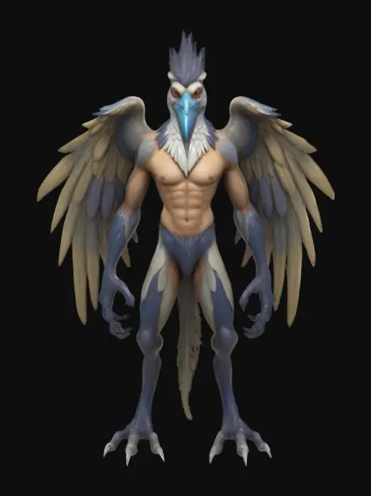 3D model for The object is a stylized anthropomorphic creature with a muscular torso and limbs, large, feathered wings, a bird-like head, and detailed textural elements indicative of feathers., Highly Detailed, Polished, Fantasy, Stylized