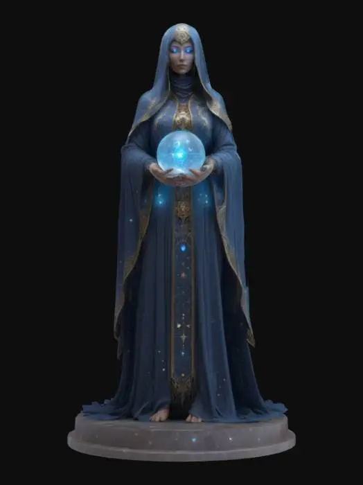 3D model for Fantasy starveil oracle, elegant female figure with a minimum 2mm thickness, clad in flowing robes with constellation patterns, holding a crystal ball glowing with stars, standing on a celestial platform base with orbiting moons, veiled face with glowing eyes, epic prophetic stance, extremely detailed, designed for 3D printing, high sharp resolution, Warhammer-inspired style.