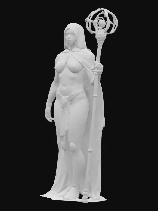 3D model for Sci-fi duskveil mystic, sexy female figure with a minimum 2mm thickness, ultra-ripped fitness model barbarian physique, chiseled abs, powerful limbs, clad in matte black robes, wielding a staff with a glowing holo-rune, black glass-textured skin, hooded face with reflective blue eyes, epic casting stance, extremely detailed, designed for 3D printing, high sharp resolution, Warhammer-inspired style.