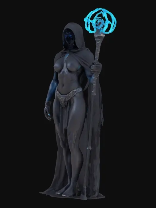 3D model for Sci-fi duskveil mystic, sexy female figure with a minimum 2mm thickness, ultra-ripped fitness model barbarian physique, chiseled abs, powerful limbs, clad in matte black robes, wielding a staff with a glowing holo-rune, black glass-textured skin, hooded face with reflective blue eyes, epic casting stance, extremely detailed, designed for 3D printing, high sharp resolution, Warhammer-inspired style.