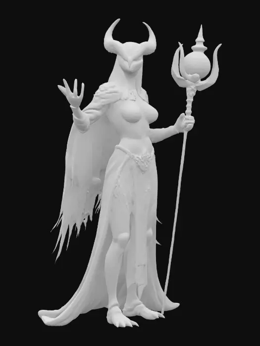 3D model for Sci-fi duskwing owl sorcerer, sexy female figure with a minimum 2mm thickness, ultra-ripped fitness model barbarian physique, chiseled abs, powerful limbs, matte black skin with owl-like feathered arms and beak, clad in matte black robes, wielding a matte black staff with arcane orb, epic casting stance, extremely detailed, designed for 3D printing, high sharp resolution, Warhammer-inspired style.