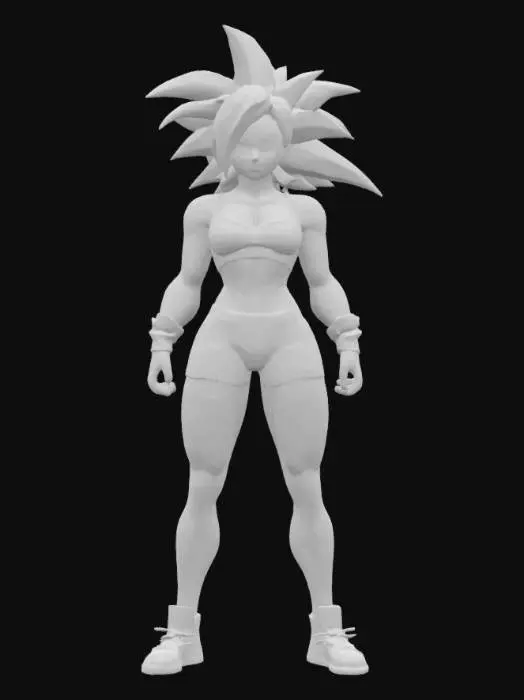 3D model for A cell shaded comic book character, cell shaded with thick black lines and bold colors, a sexy super fit female in sci-fi sports bra and shorts, realistic proportions, Super Saiyan 3 hair