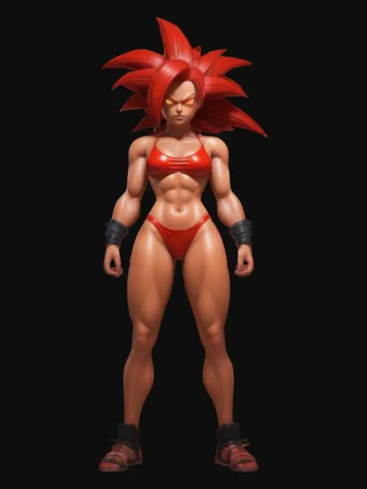 3D model for A cell shaded comic book character, cell shaded with thick black lines and bold colors, a sexy super fit female in sci-fi sports bra and shorts, realistic proportions, Super Saiyan 3 hair