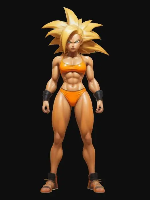 3D model for A cell shaded comic book character, cell shaded with thick black lines and bold colors, a sexy super fit female in sci-fi sports bra and shorts, realistic proportions, Super Saiyan 3 hair