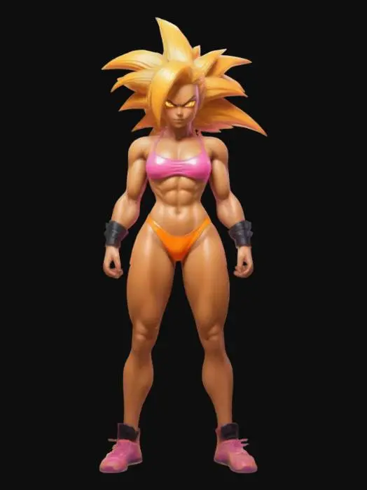 3D model for A cell shaded comic book character, cell shaded with thick black lines and bold colors, a sexy super fit female in sci-fi sports bra and shorts, realistic proportions, Super Saiyan 3 hair