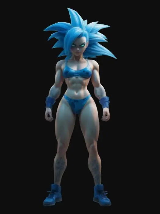 3D model for A cell shaded comic book character, cell shaded with thick black lines and bold colors, a sexy super fit female in sci-fi sports bra and shorts, realistic proportions, Super Saiyan 3 hair