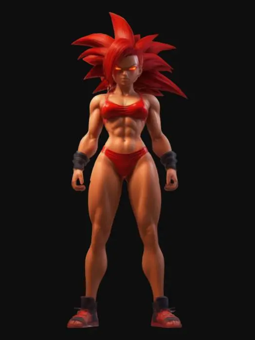 3D model for A cell shaded comic book character, cell shaded with thick black lines and bold colors, a sexy super fit female in sci-fi sports bra and shorts, realistic proportions, Super Saiyan 3 hair