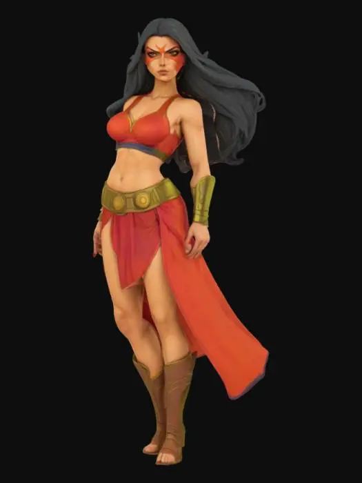 3D model for A cell-shaded comic book character, cell-shaded with thick black hand drawn lines and bold colors, realistic but stylized proportions, a super heroine from ancient times