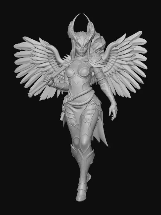 3D model for Sci-fi duskwing owl heavy ravager, sexy female figure with 2mm minimum thickness, ultra-ripped fitness model barbarian physique, chiseled abs, powerful limbs. Matte black skin with feathered arms and beak. Wearing heavy matte black gothic power armor plates. Wielding a massive matte black thermal hammer. Dynamic wide stance, extremely detailed, Warhammer-inspired grimdark style, high sharp resolution.
