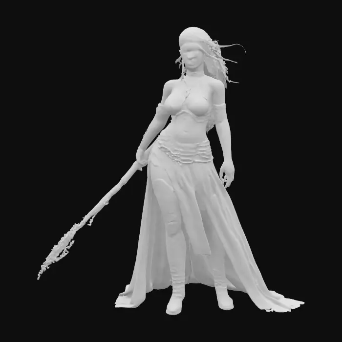 3D model for Sci-fi duskfire pyromancer, sexy female figure with a minimum 2mm thickness, ultra-ripped fitness model barbarian physique, chiseled abs, powerful limbs, clad in matte black combat robes, wielding a plasma flamethrower, black glass-textured skin, hair wreathed in reflective flames, epic blazing stance, extremely detailed, designed for 3D printing, high sharp resolution, Warhammer-inspired style.