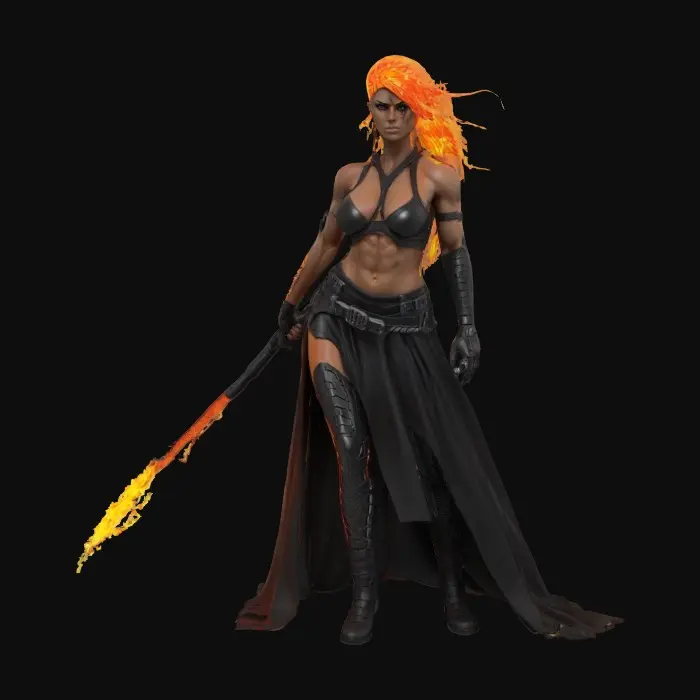 3D model for Sci-fi duskfire pyromancer, sexy female figure with a minimum 2mm thickness, ultra-ripped fitness model barbarian physique, chiseled abs, powerful limbs, clad in matte black combat robes, wielding a plasma flamethrower, black glass-textured skin, hair wreathed in reflective flames, epic blazing stance, extremely detailed, designed for 3D printing, high sharp resolution, Warhammer-inspired style.