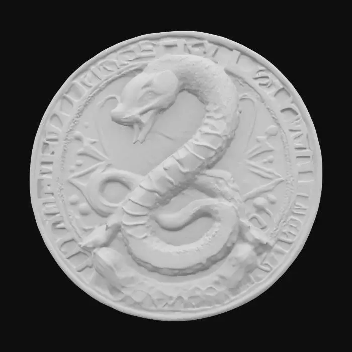 3D model for A circular bronze emblem with a high-relief serpent coiledat its center — its narrow eyes locked forward, fangs exposed in a silent snarl, tongue mid-flick. The serpent’s scales are intricately detailed, some catching the light like forged obsidian. The outer rim of the emblem is engraved with ancient runes, glowing softly with ethereal blue light from within the deep channels, as if pulsing with forgotten energy. The bronze is darkened and pitted by age, with soft reflections emphasizing the raised edges. Faint magical sigils flicker across the emblem’s surface, almost imperceptible unless studied. Set against a dark stone altar or black velvet for contrast. Cinematic lighting from above. Stylized realism. Fantasy concept art. Ultra-detailed. 3D-printable. Iconic and arcane, #emblem#