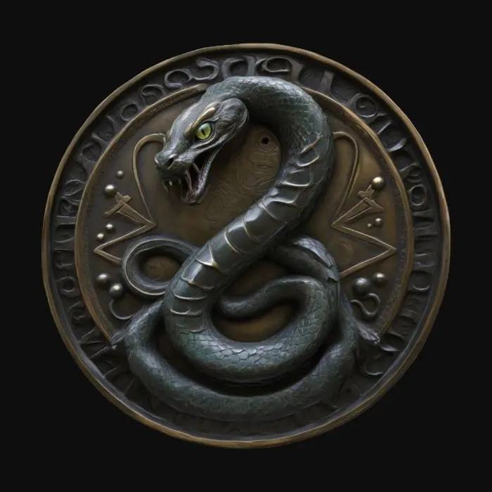 3D model for A circular bronze emblem with a high-relief serpent coiledat its center — its narrow eyes locked forward, fangs exposed in a silent snarl, tongue mid-flick. The serpent’s scales are intricately detailed, some catching the light like forged obsidian. The outer rim of the emblem is engraved with ancient runes, glowing softly with ethereal blue light from within the deep channels, as if pulsing with forgotten energy. The bronze is darkened and pitted by age, with soft reflections emphasizing the raised edges. Faint magical sigils flicker across the emblem’s surface, almost imperceptible unless studied. Set against a dark stone altar or black velvet for contrast. Cinematic lighting from above. Stylized realism. Fantasy concept art. Ultra-detailed. 3D-printable. Iconic and arcane, #emblem#