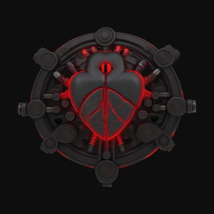 3D model for A hyper-detailed steampunk cybernetic heart emblem, Sci-fi ultra-realism, matte black steel with valves and circuits of glowing neon red, 8K detail. Glowing. Sacred. Alive., #emblem#