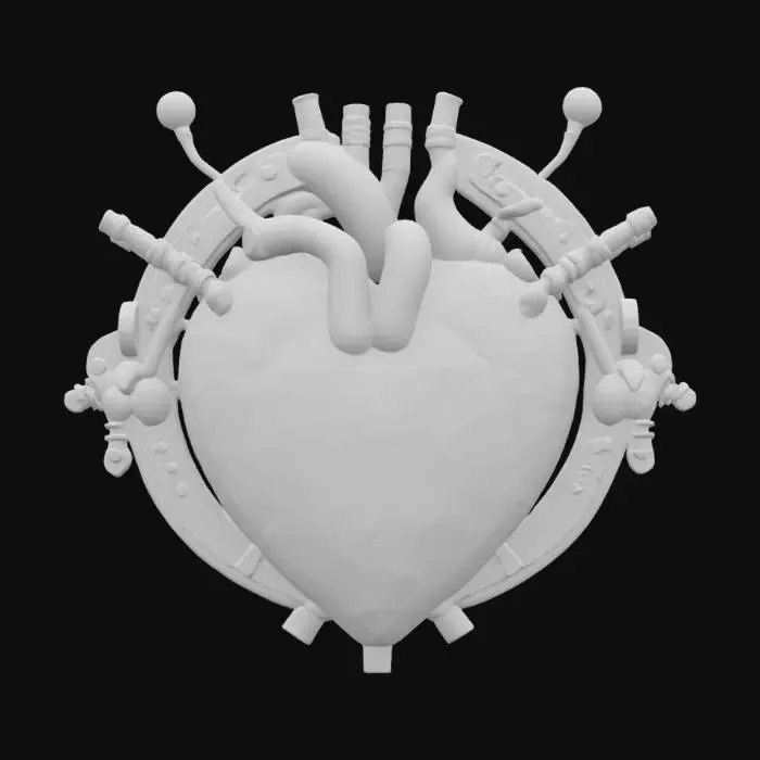 3D model for A hyper-detailed steampunk cybernetic heart emblem, Miyazaki design, Studio Ghibli art style, Howl's Moving Castle style, matte black steel, with rusted and scratched bolts, valves and circuits of glowing neon red lines and dots, 8K detail. Glowing. Sacred. Alive., #emblem#