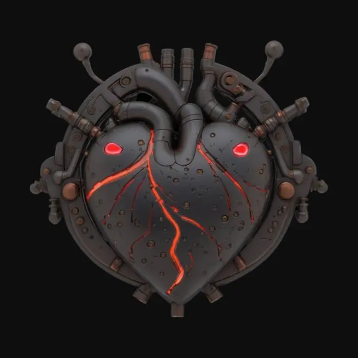 3D model for A hyper-detailed steampunk cybernetic heart emblem, Miyazaki design, Studio Ghibli art style, Howl's Moving Castle style, matte black steel, with rusted and scratched bolts, valves and circuits of glowing neon red lines and dots, 8K detail. Glowing. Sacred. Alive., #emblem#