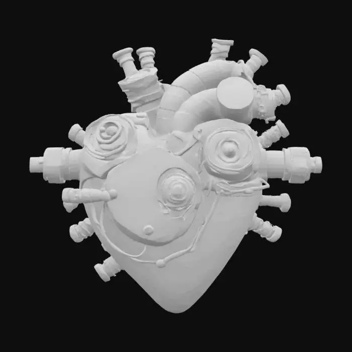 3D model for A hyper-detailed steampunk cybernetic heart emblem, Miyazaki design, Studio Ghibli art style, Howl's Moving Castle style, matte black steel, with rusted and scratched bolts, valves and circuits of glowing neon red lines and dots, 8K detail. Glowing. Sacred. Alive., #emblem#