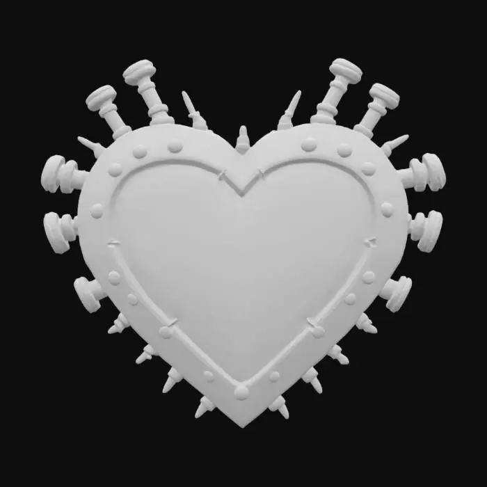 3D model for A hyper-detailed steampunk cybernetic heart emblem, Miyazaki design, Studio Ghibli art style, Howl's Moving Castle style, matte black steel, with rusted and scratched bolts, valves and circuits of glowing neon red lines and dots, 8K detail. Glowing. Sacred. Alive., #emblem#