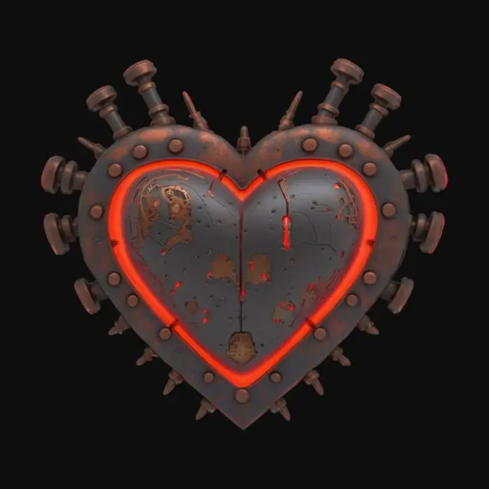 3D model for A hyper-detailed steampunk cybernetic heart emblem, Miyazaki design, Studio Ghibli art style, Howl's Moving Castle style, matte black steel, with rusted and scratched bolts, valves and circuits of glowing neon red lines and dots, 8K detail. Glowing. Sacred. Alive., #emblem#