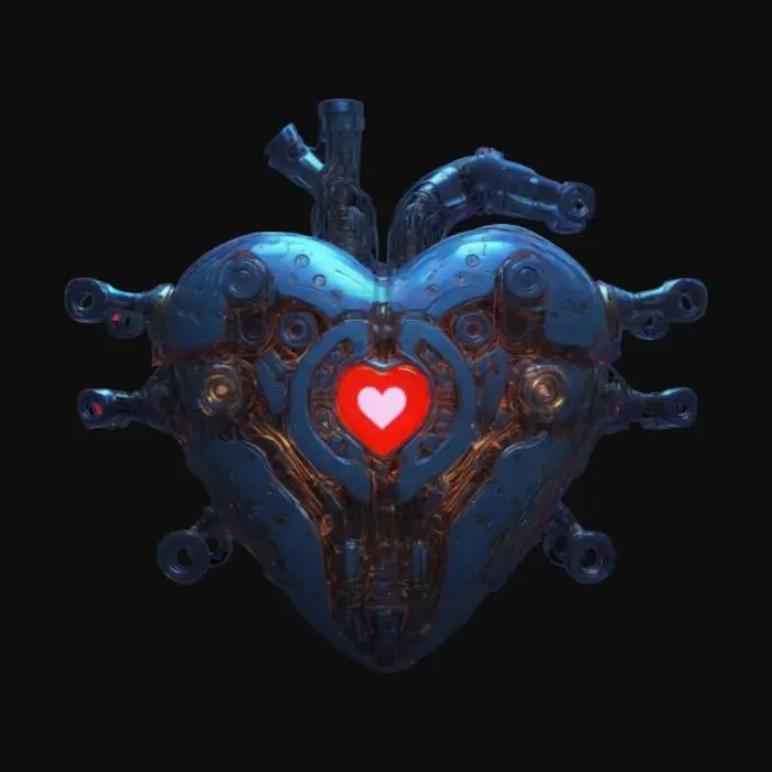 3D model for A hyper-detailed steampunk cybernetic heart emblem, Miyazaki design, Studio Ghibli art style, Howl's Moving Castle style, matte black steel, with rusted and scratched bolts, valves and circuits of glowing neon red lines and dots, 8K detail. Glowing. Sacred. Alive., #emblem#