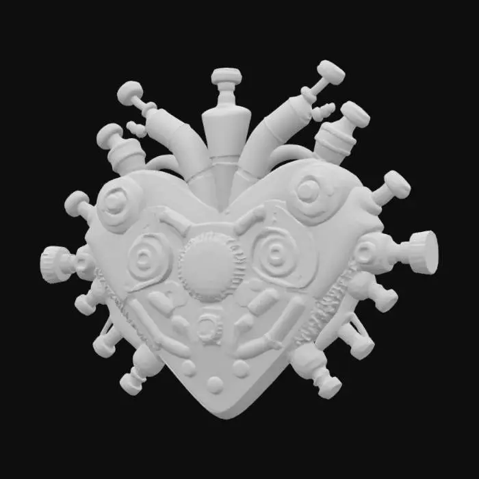 3D model for A hyper-detailed steampunk cybernetic heart emblem, Miyazaki design, Studio Ghibli art style, Howl's Moving Castle style, matte black steel, with rusted and scratched bolts, valves and circuits of glowing neon red lines and dots, 8K detail. Glowing. Sacred. Alive., #emblem#
